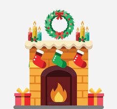 Christmas fireplace with a crackling fire and colorful decoratio