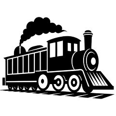 classic steam locomotive shown in bold black silhouette