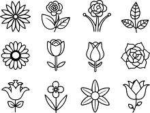 collection of flower black outline icons with various types of f