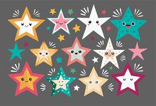 collection of smiling stars with various facial expressions and 