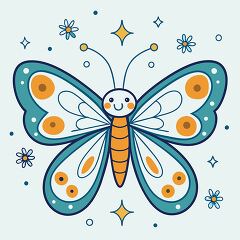 colorful cartoon butterfly with big wings and a happy face