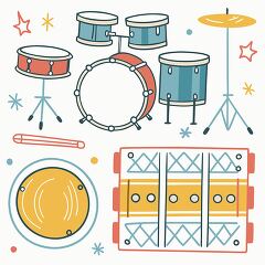 Illustration of a drum set with cymbals and percussion instruments in a colorful, cartoon style.