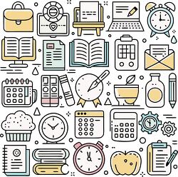 colorful collection of school books clocks calculators and binde