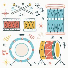 Colorful illustration of various drums and musical notes.