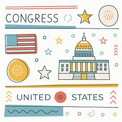 Illustration of the U.S. Capitol building with American flag, stars, and text Congress United States in a colorful, abstract style.