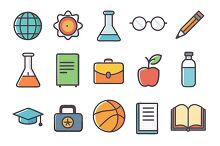 Colorful educational icons such as an apple book and clock