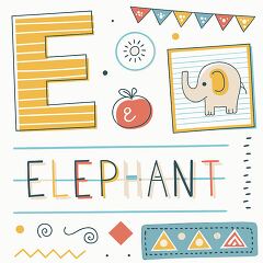 A colorful illustration featuring the letter E, an elephant drawing, and playful decorative elements like shapes and banners. Ideal for childrens educational materials.