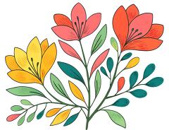 colorful Hand-drawn colorful floral bouquets and green leaves