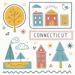 A vibrant composition showcases the essence of Connecticut with playful drawings. Featuring quaint houses, charming trees, and whimsical boats on water, the artwork embodies the region's character.