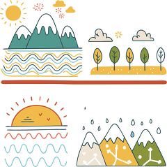 Illustrative designs showcase vibrant mountains, flowing water, and a warm sunset. Unique patterns and colors create an engaging visual narrative of nature's beauty.