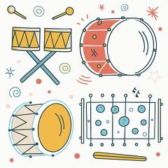 Illustration of various percussion instruments including drums and xylophone.