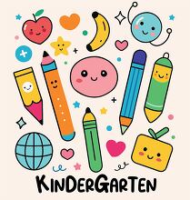 colorful school icons with simley faces with the text kindergarten