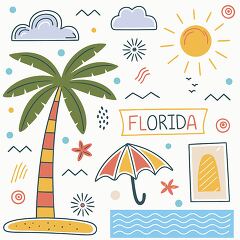 Bright and playful designs depict Florida vibrant atmosphere with palm trees, sunshine, and waves. A whimsical sun shines over the landscape, while cheerful clouds and flowers add to the tropical charm.