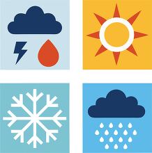 Colorful weather symbols including sun rain and lightning clipar