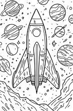 coloring page featuring a rocket ship soaring through outer spac