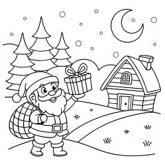 coloring page of Santa Claus holding a gift near a snowy cabin