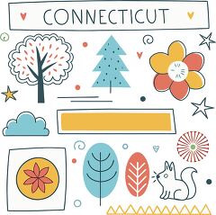 Colorful hand drawn Connecticut themed artwork featuring trees flowers and animals. Ideal for travel, summer, and Florida projects