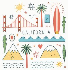 A vibrant arrangement of illustrations captures the essence of California. Iconic symbols include the Golden Gate Bridge, surfboards, mountains, and palm trees, all framed by sunny skies and playful waves.