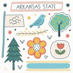 A delightful artistic representation of Arkansas features a vibrant bluebird perched near a whimsical tree adorned with colorful fruits. Surrounding elements include a cheerful flower, a stylized evergreen tree, and a flag waving in the breeze.