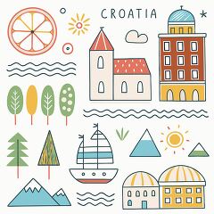 Illustration representing Croatia, featuring buildings, sailboats, mountains, trees, and waves in a whimsical design