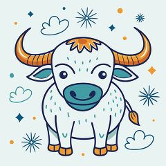 cute cartoon buffalo with large horns and a smile is surrounded 