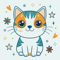 cute cartoon cat with large eyes and a friendly smile kawaii sytle