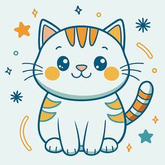 cute cartoon cat with stripes and a happy face sits with stars