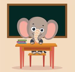cute cartoon elephant sits at a desk in a classroom