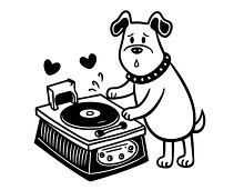 cute cat character DJi with a turntable and musical notes around