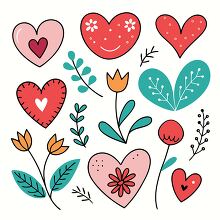 cute doodle of hearts flowers and leaves