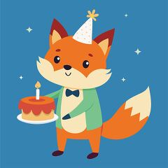 cute fox weas a party hat holds a layered birthday cake