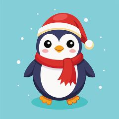 cute holiday penguin wearing a Santa hat standing in the snow