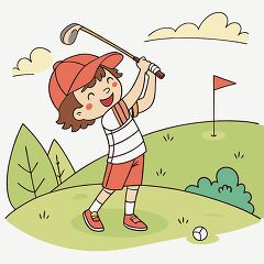 cheerful illustration of a little boy playing golf on a sunny day with vibrant surroundings