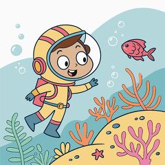 fun illustration of a child scuba diver interacting with a curious fish in a vibrant underwater scene