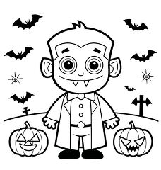 cute vampire kid standing in front of pumpkins and bats black outline