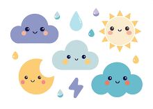 Cute weather icons including clouds sun and moon clipart