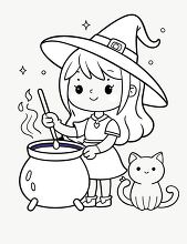 cute witch in a purple dress stirs a bubbling cauldron black out