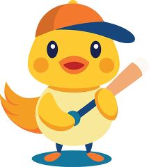 cute yellow duckling in a colorful cap holds a baseball bat look