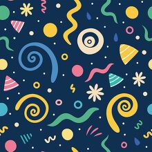 dark blue background fun mix of colorful swirls and party icons