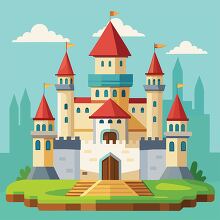 detailed illustration of castle with red roofed towers and flags