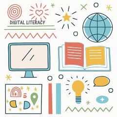 Illustration of digital literacy featuring a globe, computer, book, and a lightbulb for ideas