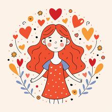 drawing of a girl with red hair with hearts and leaves