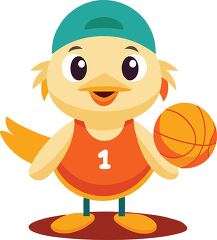 duckling wearing a cap and an orange jersey holds a basketball