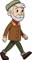 elderly man with a gray beard wearing a brown coat green pants a