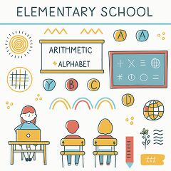 Illustration of elementary school concepts, featuring students, a teacher, alphabet letters, arithmetic, and classroom elements