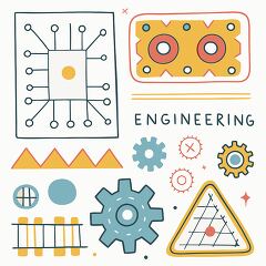 A colorful clipart showcasing engineering concepts with gears, circuits, and abstract shapes, ideal for educational and STEM-related projects