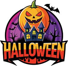 evil looking pumpkin with haunted house clipart