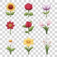 Realistic flower emoji set including sunflowers, roses, tulips, daisies, and lilies, displayed in vibrant colors