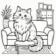 fluffy cat sitting on a small table in a cozy living room