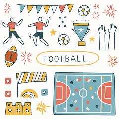 Illustration of football concepts with players, a field, trophies, and cheering fans